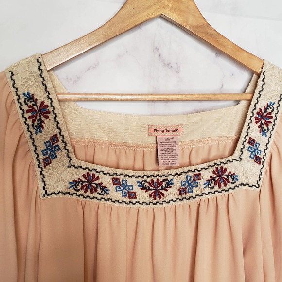 FLYING TOMATO Boho Chic Peach Embroidered Square Neck Blouse L - Picture 3 of 8